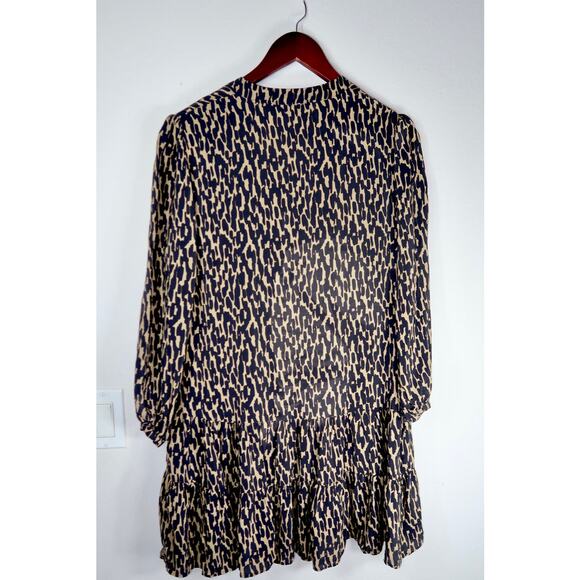 ZARA Black Tan Animal Print V Neck Flounce Hem Mini Shift Dress Small Tunic - Picture 6 of 7